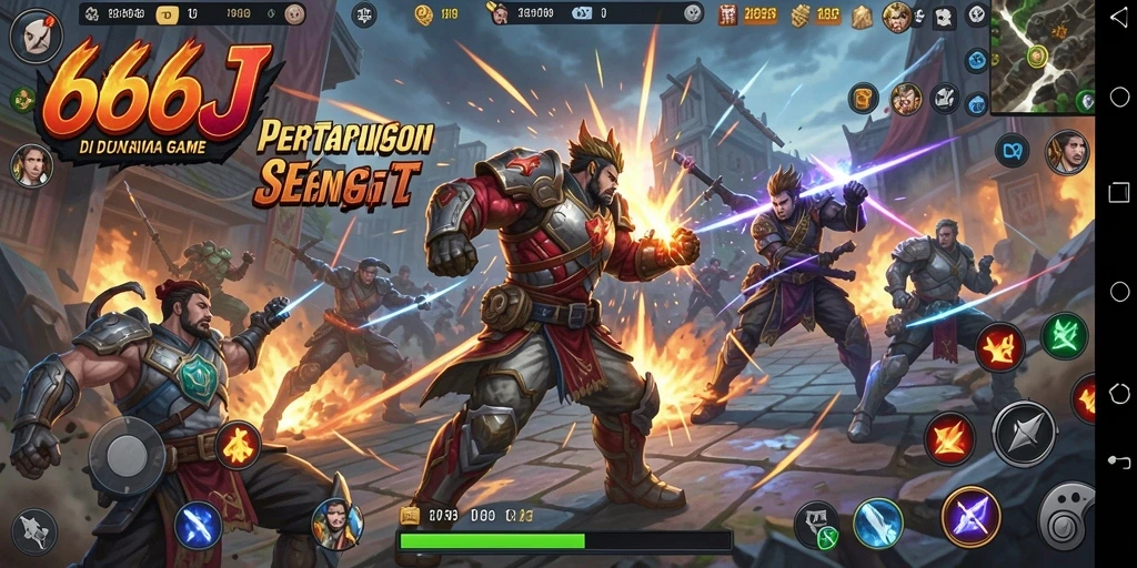 Tampilan aksi seru dari gameplay 666J dalam pertarungan melawan lawan.