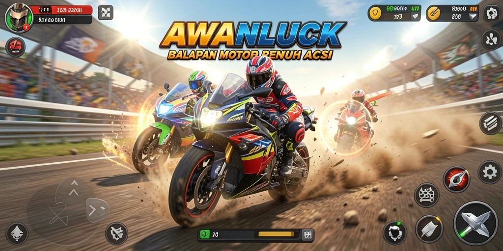 Tampilan gameplay seru AWANLUCK saat balapan motor di trek menantang.