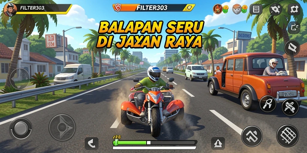 Screenshot FILTER303 menampilkan aksi balap yang mendebarkan.