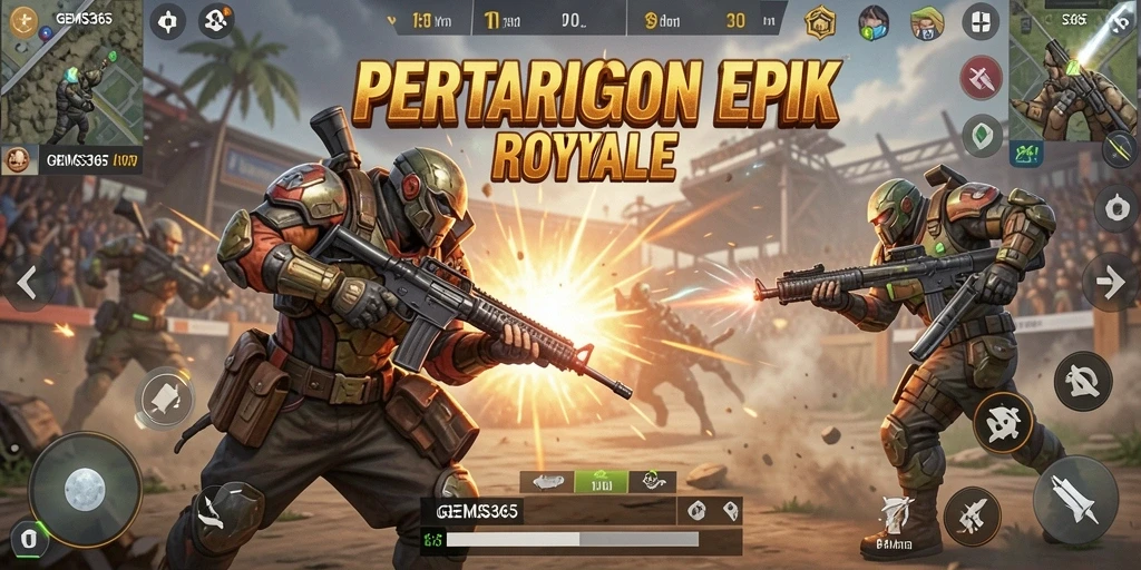 Gameplay GEMS365 yang mendebarkan dalam arena Battle Royale.