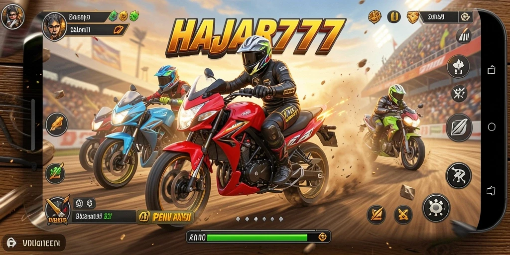Gameplay HAJAR777 menampilkan balapan motor yang menegangkan di trek yang realistis.