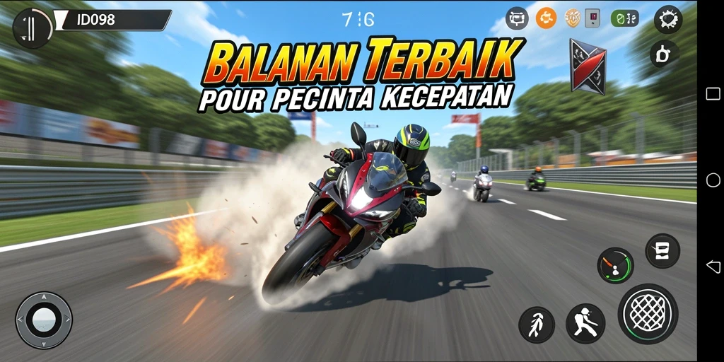 Screenshot menunjukkan aksi mendebarkan dalam balapan motor di ID098.