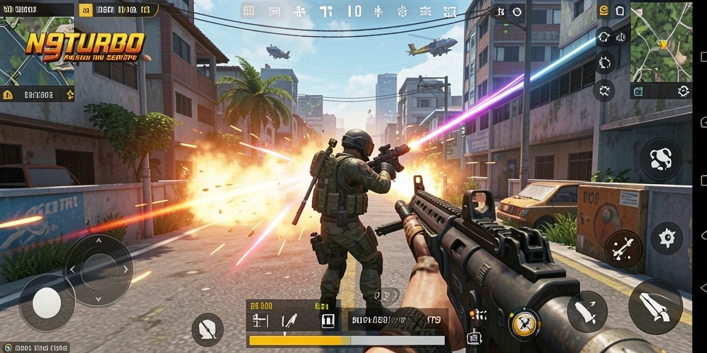 Tangkapan layar gameplay N9TURBO menampilkan aksi tembak-menembak yang intens.