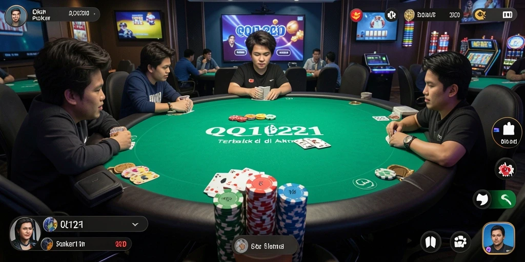 Screenshot gameplay QQ1221 menampilkan suasana seru permainan poker.