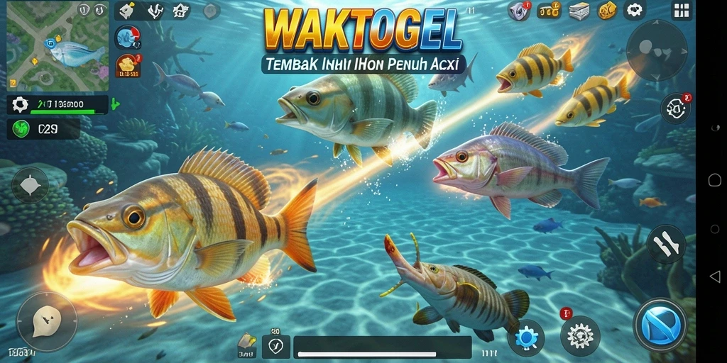Tampilan gameplay WAKTOGEL yang seru dan menarik dengan berbagai ikan.